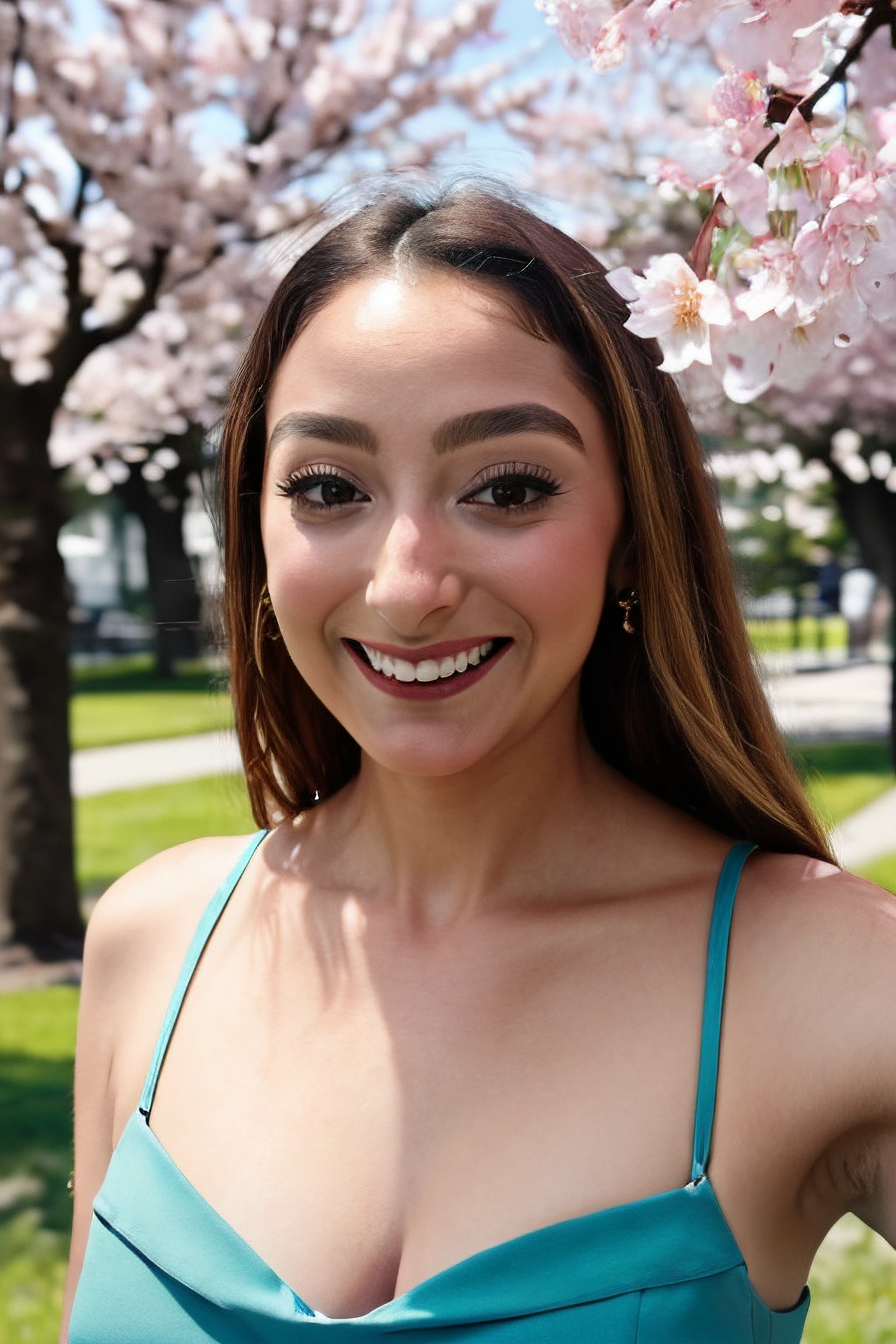 masterpiece, best quality, <lora:danielap-10:0.7> danielap, a woman in an aqua dress, sundress, blonde hair, smile, upper body, looking at viewer, outdoors, absurdres, highly detailed, perfect photo, falling cherry blossoms, wind, close-up,