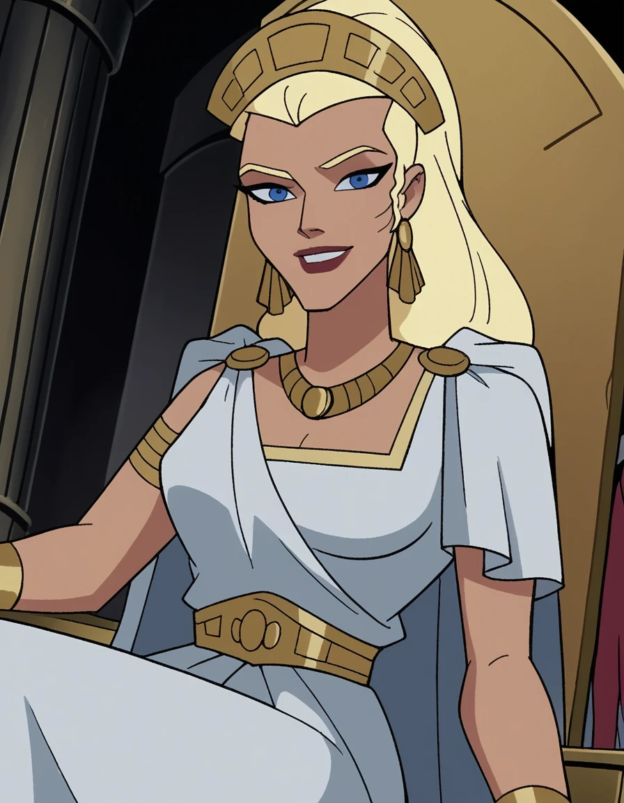 score_9, score_8_up, score_7_up, source_anime,
hippolyta, <lora:hippolyta-dcau-ponyxl-lora-nochekaiser:1>,
hippolyta, long hair, blue eyes, blonde hair, makeup, lipstick,
dress, jewelry, earrings, cape, white dress, necklace, crown, tiara,
indoors, throne, sitting, smile,
cowboy shot, looking at viewer, solo, dutch angle,