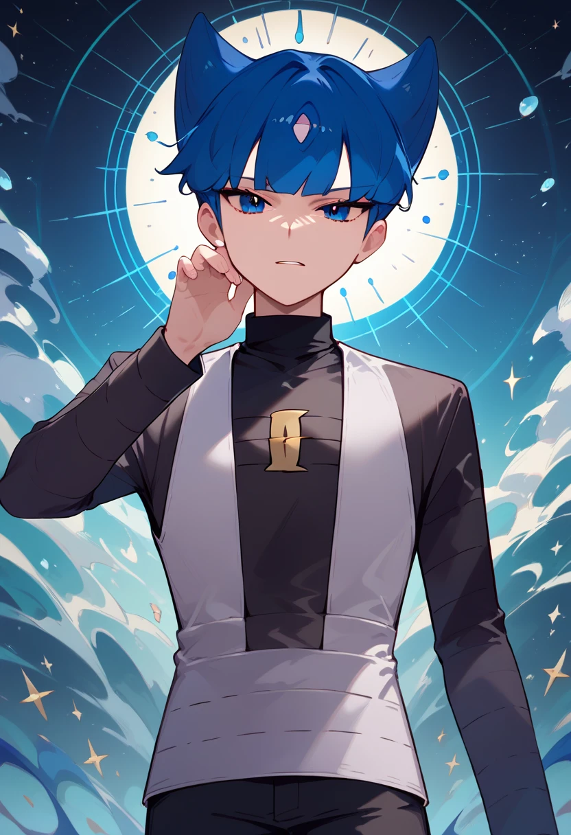 score_9, score_8_up, score_7_up, masterpiece, best quality, amazing quality, best aesthetic, ,absurdres,intricate details,saturn_pokemon, blue eyes, blue hair, black LONG SLEEVES  shirt, grey vest, black pants, grey shoes<lora:EMS-382814-EMS:1.000000>, <lora:EMS-373804-EMS:0.800000>