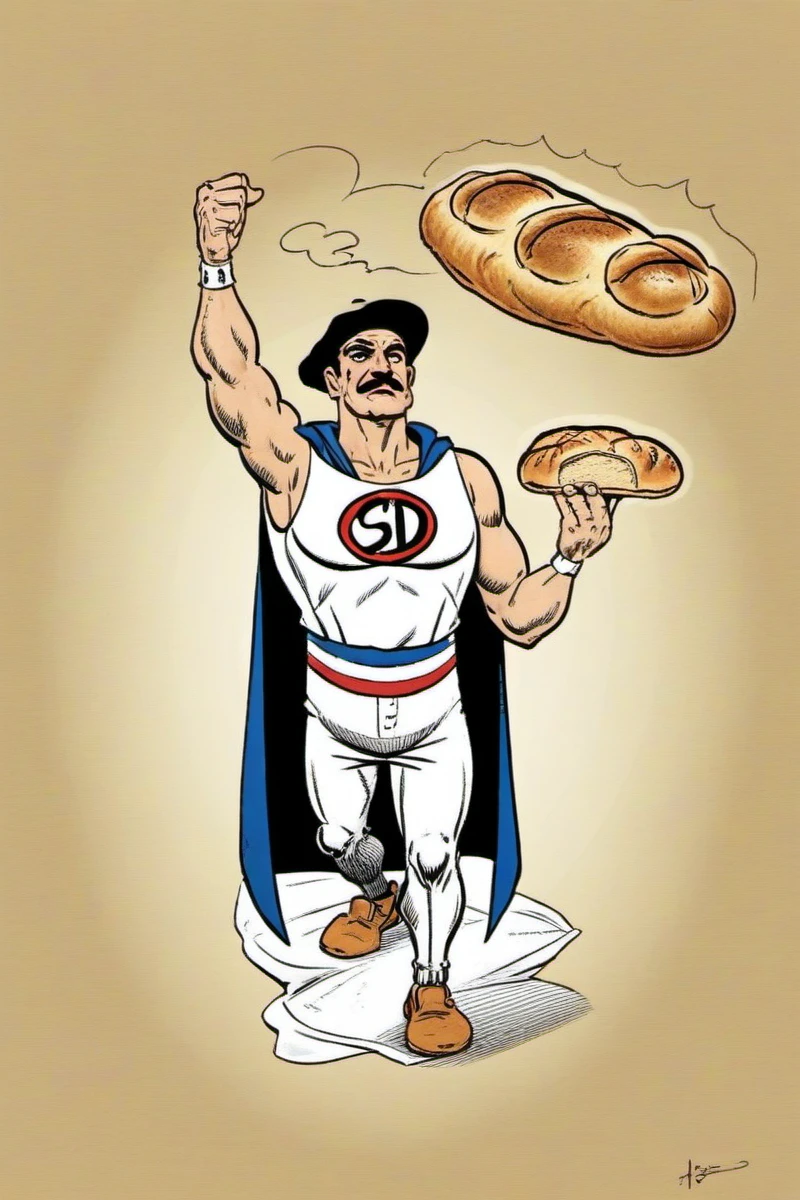 comic a full body man with a hat and a mustache wears a white costume with a cape, holds a baguette bread, croissants, french bakery <lora:SuperDupont1024:0.8> . graphic illustration, comic art, graphic novel art, vibrant, highly detailed
