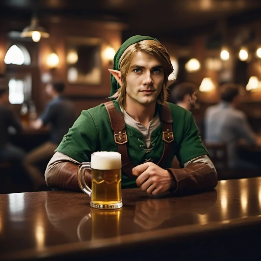 cinematic photo a man is link and having a beer in a pub <lora:Link1024:0.8> . 35mm photograph, film, bokeh, professional, 4k, highly detailed