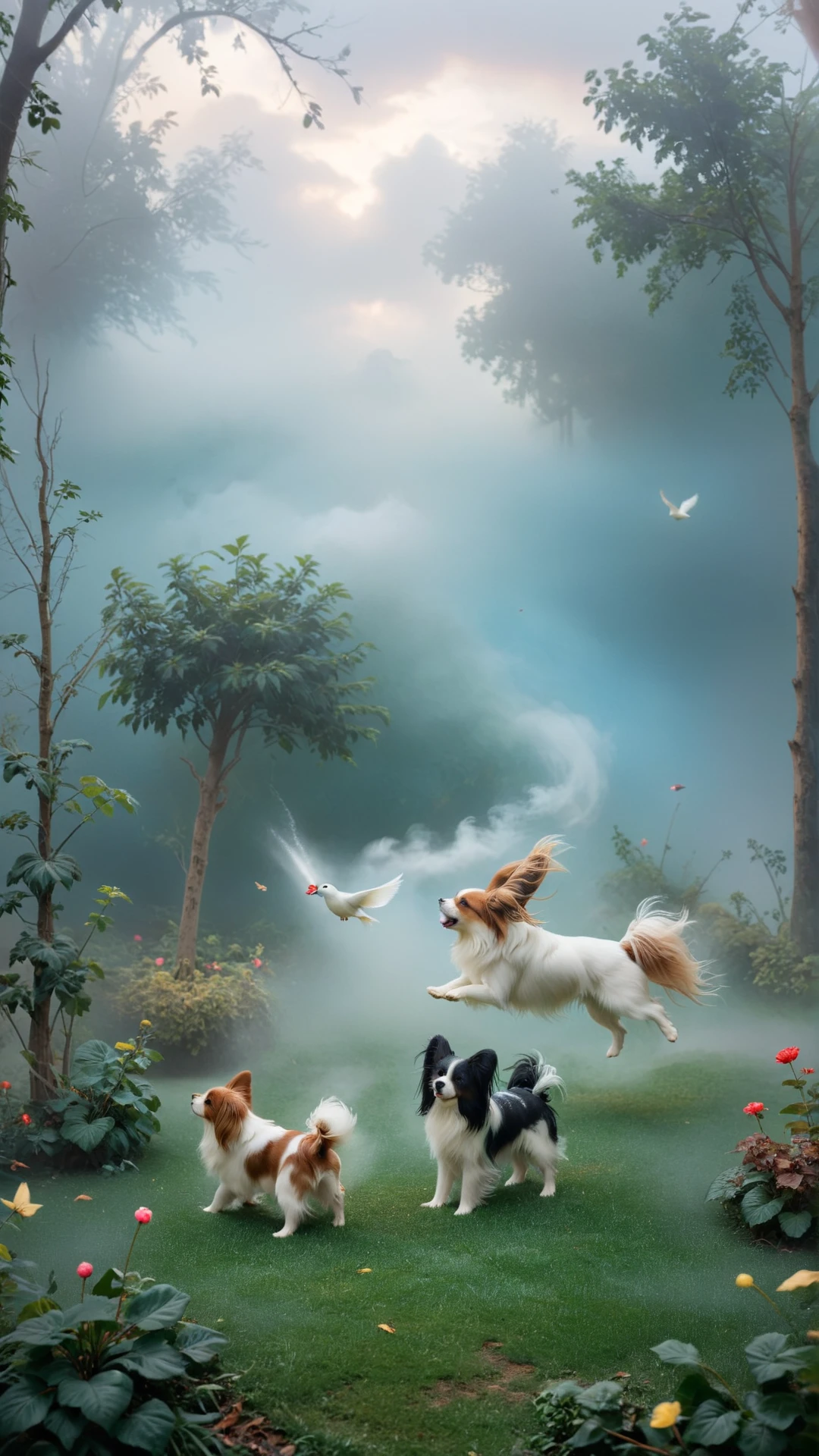 (3 dogs:1.2) playing in center, NOBLEDOGS_CTS    <lora:NOBLEDOGS_CTS-000018:0.53> NOBLEDOGS_CKCS    <lora:Noble_Dogs_XL_CKCS_E27:0.33>, (Phalene and Papillon dogs with long hairs blown by wind:1.3), (smiling and waving its tail:0.7), dark eyes of cute puppies, fit beautiful toy spaniel dogs
BREAK dogs are playing inside (cozy royal garden:1.1), big size difference in surreal dreamy picture, (unusual surreal perspective:1.2), (low contrast soft pastel drawing:1.1), (cloudy:-0.3) (sky with soft  dimmed light at early morning:0.8), full body detailed photorealistic drawing drawn by hand, (leafs and birds:0.8), (realistic highly detailed turbulent fog:0.8)
BREAK soft focus,  (shallow depth of field, Helios_44_2 swirly bokeh:0.6), (light leaks, gloom:0.4), (analog film simulation:0.8),  <lora:[XL]bokeh:0.17>  <lora:epiCRealismHelper:0.33>   <lora:Malapris_CinematicRedmond_LORA-128-001a:0.33> vintage  <lora:vintage-XL:0.33>