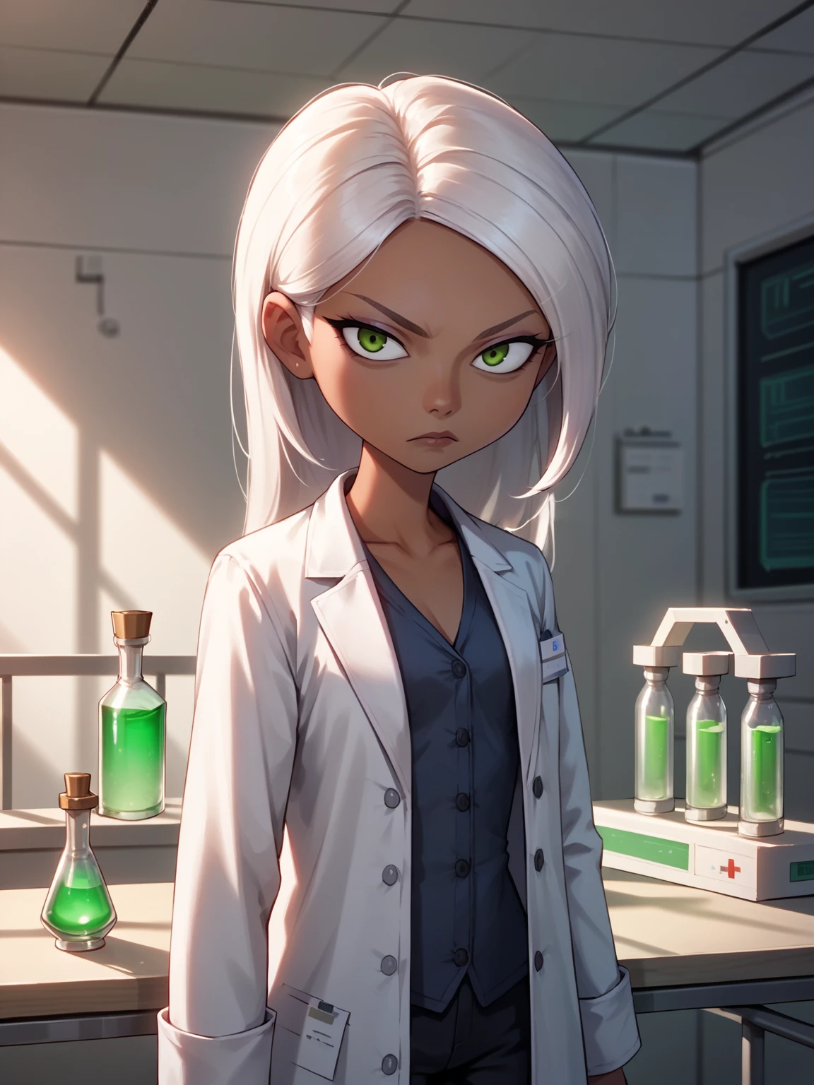 score_9, score_8_up,
1girl, mirage, white hair, long hair, green eyes, dark skin, makeup,
lab coat, black pants,
serious, solo, looking at viewer, indoors, standing, medical room, laboratory, vial on shelves    <lora:MirageXL:1>