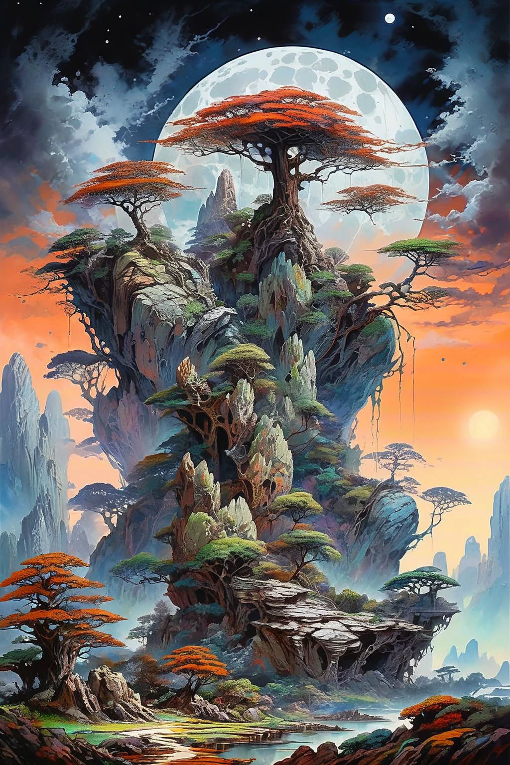 landscape painting of giant rock with a majestic tree growing out of it, intricate details, vibrant colors, clear star sky with huge moon and fluffy clouds
dagobahlnd  <lora:DagobahLnd:0.7>, extremely high quality RAW photograph, detailed background, intricate, exquisite details and textures, highly detailed, ultra detailed photograph, warm lighting, artstation, sharp focus, high resolution, detailed skin, detailed eyes, 8k uhd, dskr, high quality, film grain, Fujifilm XT3