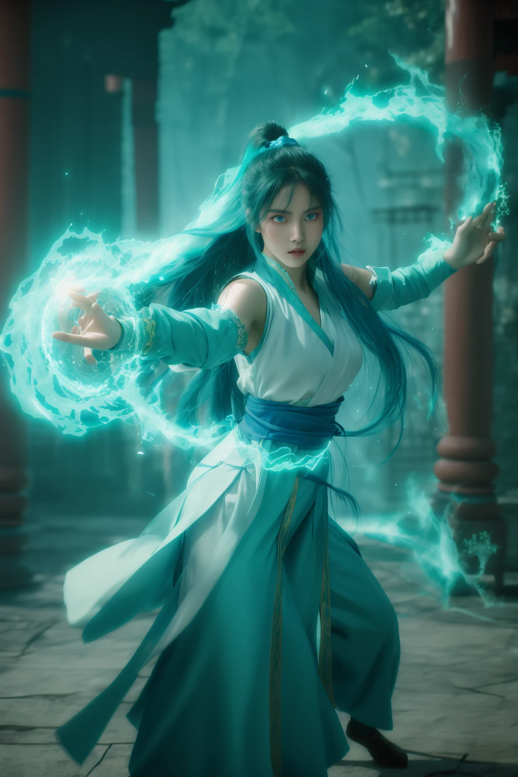 fighting stance,dancing,ancient-costume,cyan-aura,using cyan-magic,cyan-magic,1girl,solo,long hair,blue eyes,<lora:magic_fighting_cyan_512_15:0.8>,