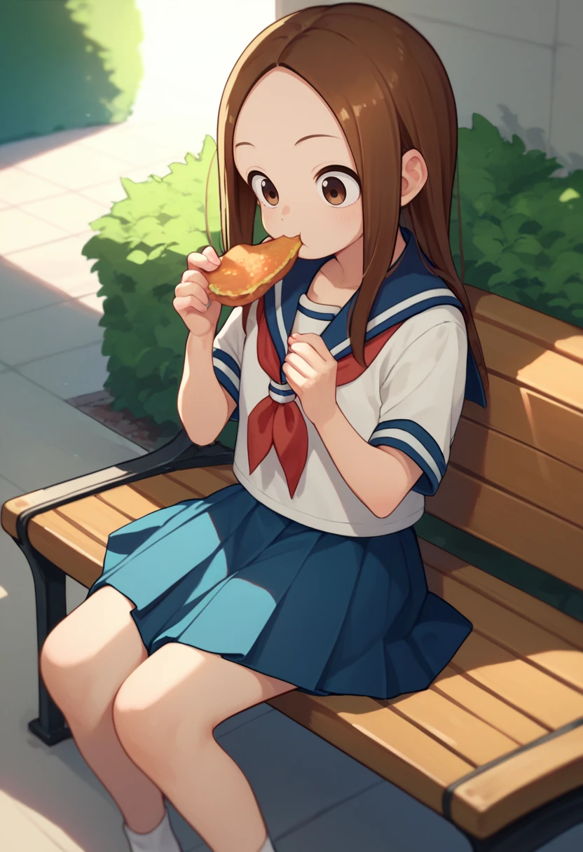 score_9, score_8_up, score_7_up, 1girl, solo, Takagi, brown hair, brown eyes, long hair, white serafuku, red necktie, blue stripes, blue skirt, sitting, eating, bench, <lora:Takagi-san-000008:1>