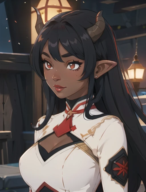 (masterpiece, best quality),(depth) of (field), <lora:AdventurerOutfit:0.8>adventureroutfit, , adult, 1girl, red_hair, lips, long_hair, (messy hair), big horns, happy, demon girl, pointy ears, dark_hair, dark_skin,