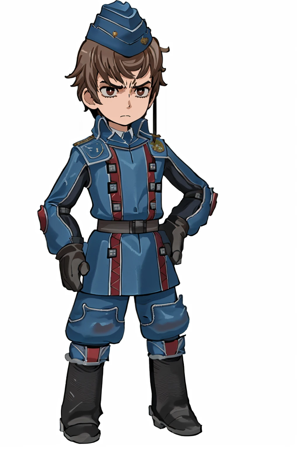 masterpiece, 1boy, solo, chibi, standing, frown, hand on hip, <lora:P5-tactica_Fp:1> <lora:WelkinVC:0.9> welkinVC, short hair, garrison cap, military uniform, blue jacket, long sleeves, belt, gloves, blue pants, knee pads, boots, white background