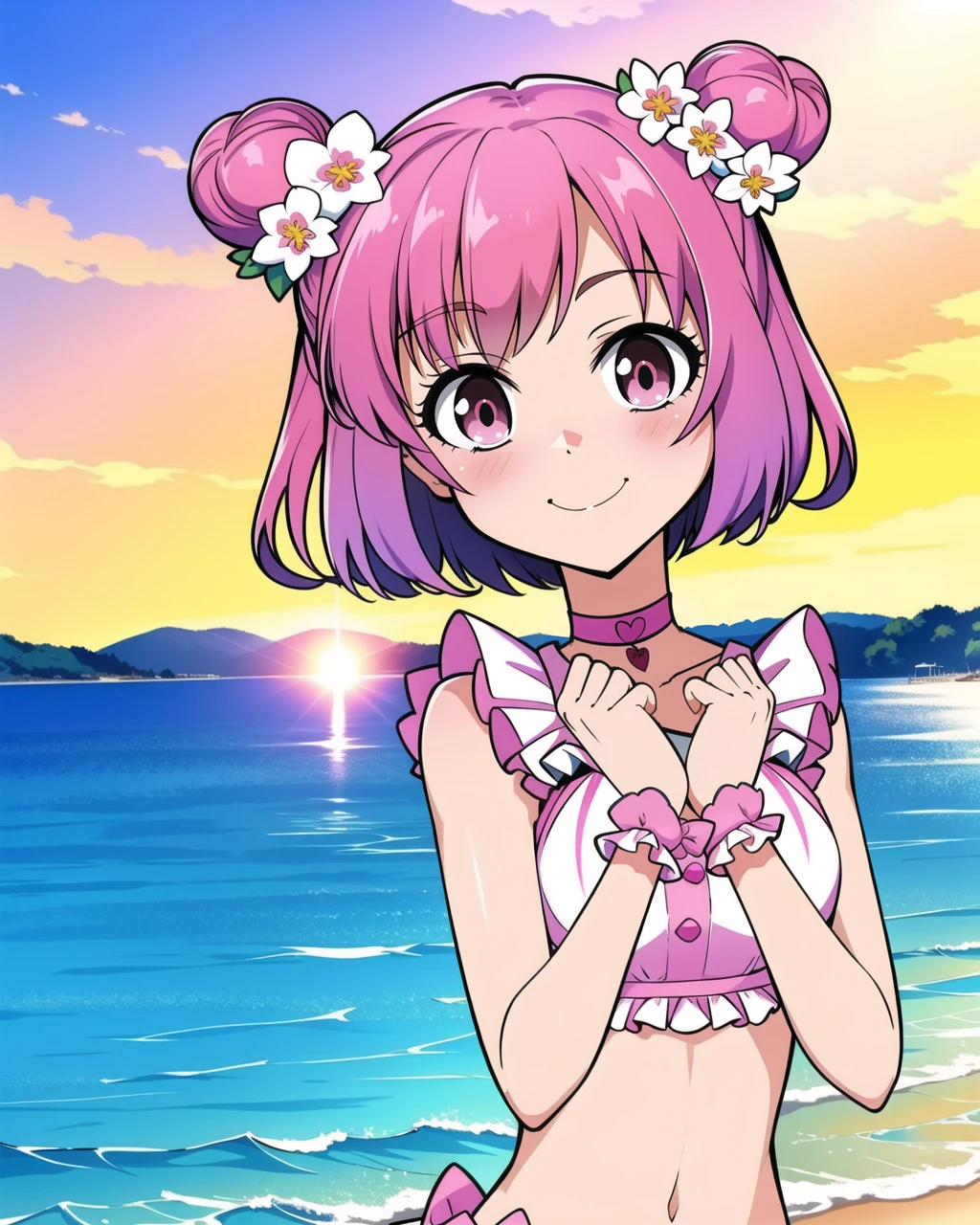 masterpiece, high quality, 1girl, mgrcmakinoikumi, medium shot, upper body, dynamic pose, double bun, pink with white swimwear, pink bowtie, pink choker, flower hairpins, light smile, outdoors, beach, evening, sunglare, detailed hands, <lora:mgrcmakinoikumi-05:0.8>