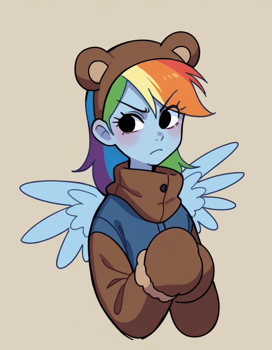 zPDXL, score_9, score_8_up, score_7_up, source_anime, 8k, absurdres, flat color, sketch,
<lora:StickySweet_v2:1> stkyswt, 1girl, solo, black eyes, wearing Brown bear costume, bear ear headband, bear paw mittens, brown leggings, brown boots, upper body, portrait, personification, human , rainbow dash, rainbow hair, black eyes, blue skin, colored skin, pegasus wings,