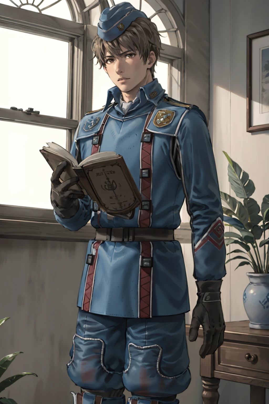 masterpiece, 1boy, solo, standing, reading, holding, open book, <lora:WelkinVC:0.85> welkinVC, short hair, garrison cap, military uniform, blue jacket, long sleeves, belt, gloves, blue pants, knee pads, boots, indoors, potted plant, window