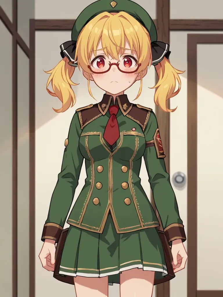 score_9, score_8_up, score_7_up, source_anime, 2D, anime_screencap, <lora:lorenalandpony:1>,
1girl, solo, lalalofr, blonde hair, twintails, hair ribbon, red eyes, green shirt, long sleeves, green skirt, red necktie, green beret, eyewear, red frame glasses, military uniform, standing, military room, nervous,