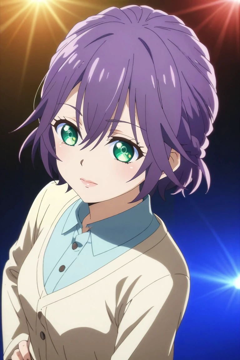 score_9, score_8_up, score_7_up, source_anime, rating_safe, , anime screencap, anime coloring, , , , 1girl, solo, <lora:hiro_segawa_pony:0.84>, hiro_segawa, purple hair, green eyes, short hair, bangs, hair between eyes, braid, from above, concert, dark, hand on hip, relaxed, , <lora:sdxl_lightning_8step_lora:1>