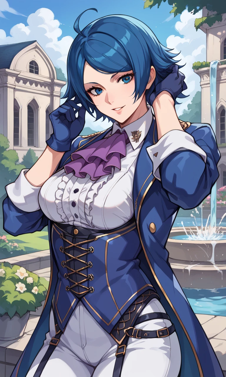 score_9, score_8_up, score_7_up, score_6_up, source_anime, BREAK masterpiece, ElizabethXV,  blue eyes, blue hair, blue jacket, , blue corset, white shirt, ascot, gloves, sleeves rolled up, white pants, looking at viewer, parted lips, mansion, garden, fountain, breasts, smile, adjusting hair, 