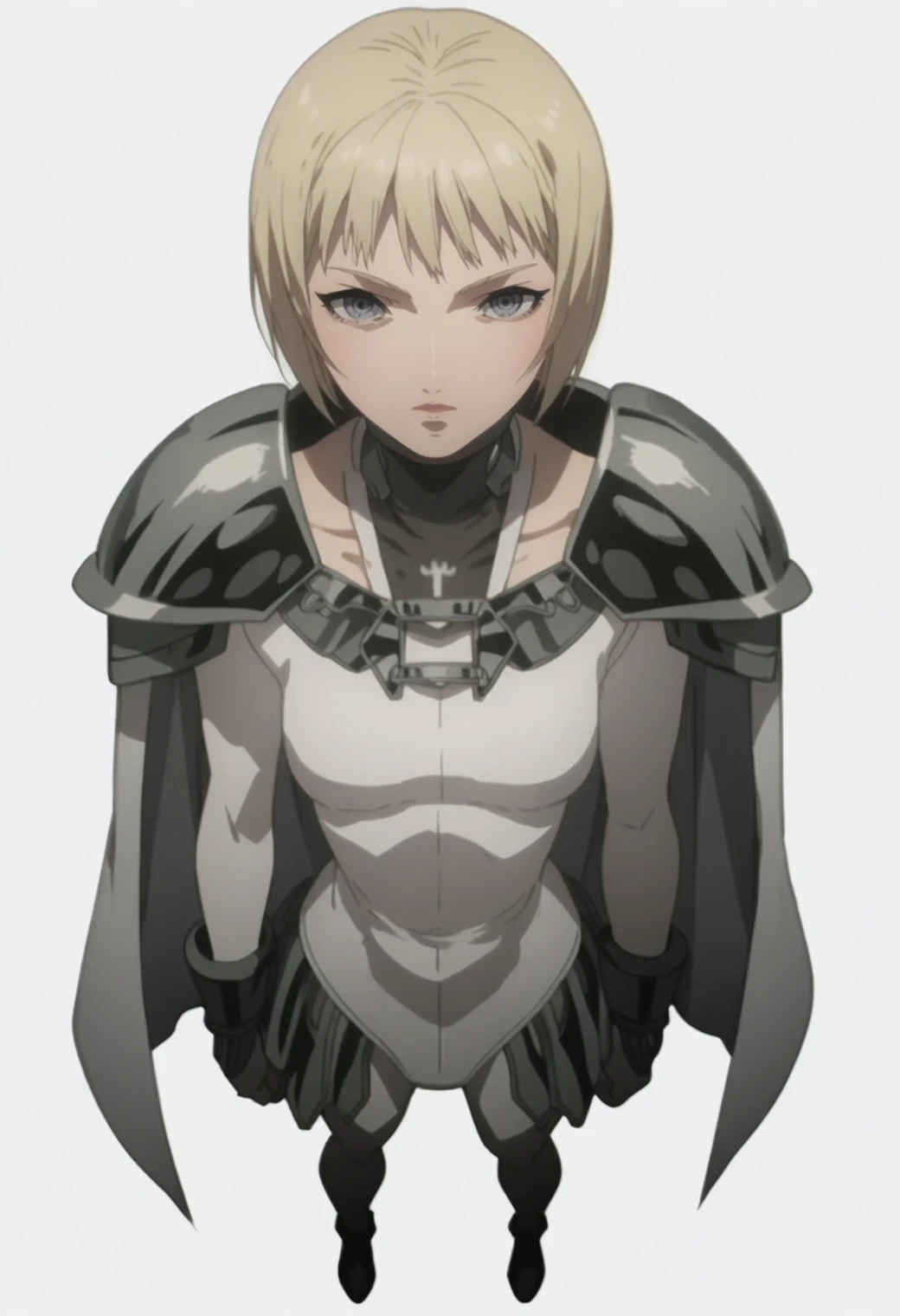 score_9, score_8_up, score_7_up, rating_explicite 1girl, solo, anime screencap, <lora:Clare-10:0.8> clare, cape, pauldrons, bodysuit, grey eyes, full body, from from above, white background,