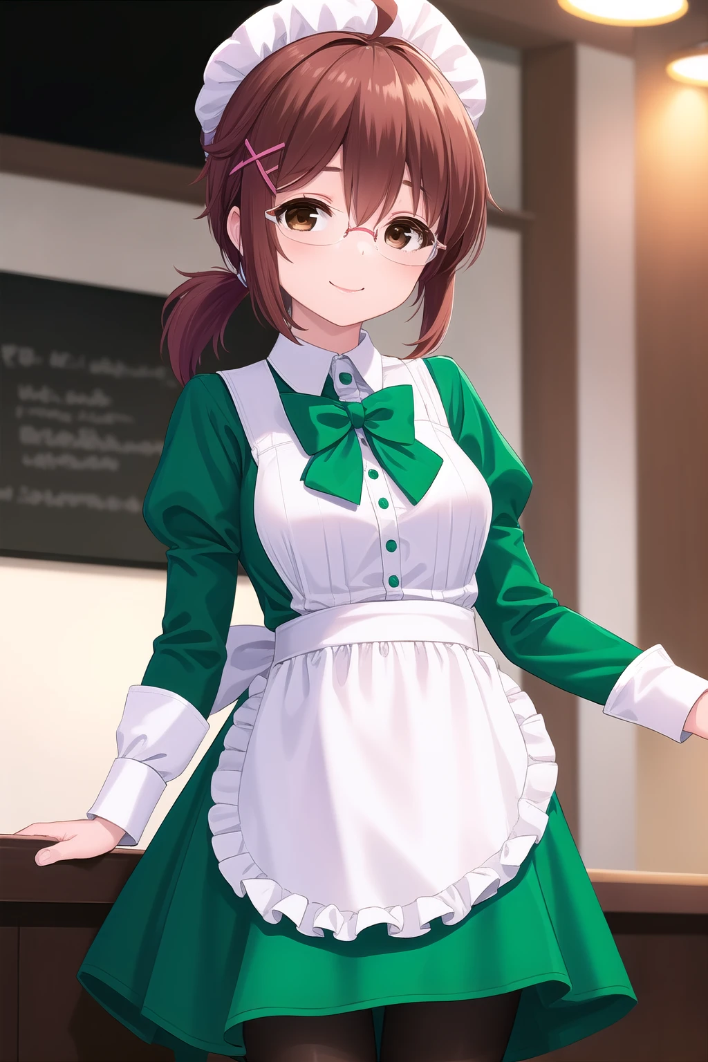 (masterpiece, best quality), highly detailed background, perfect lightingbest quality, kakeisonomi, solo, indoors, waitress, mob cap, white headwear, light brown hair, ahoge, low ponytail, hair between eyes, x hair ornament, short hair, glasses, brown eyes, medium breasts, green dress, frilled dress, green bowtie, puffy long sleeves, juliet sleeves, white apron, waist apron, maid apron, frilled apron, black pantyhose, smile, closed mouth, :), pink lips, <lora:Kakei-Sonomi:0.7>