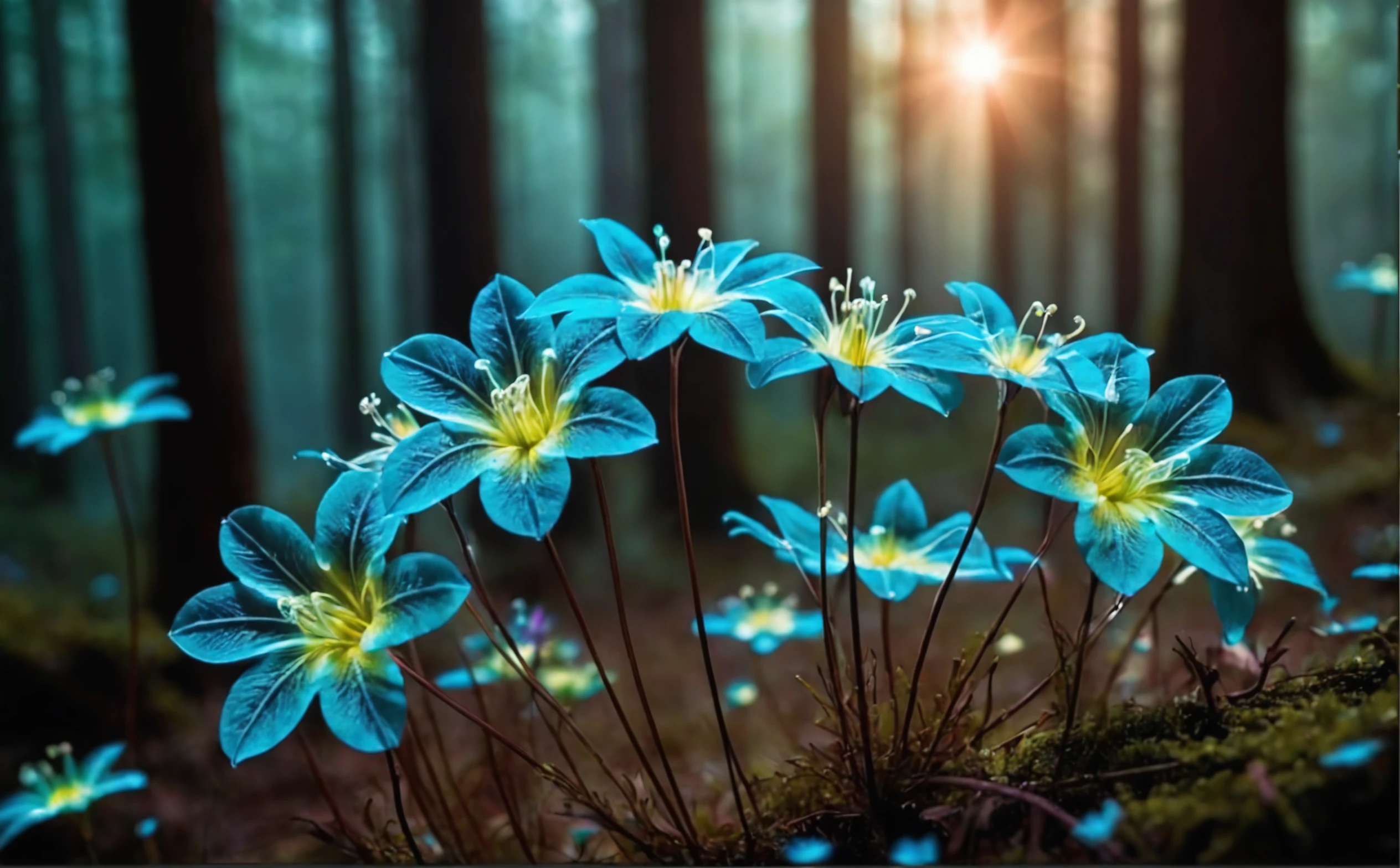 (macro photo), a flowers with a ethereal complex colors,(a mesmerizing bioluminescent forest), colorful