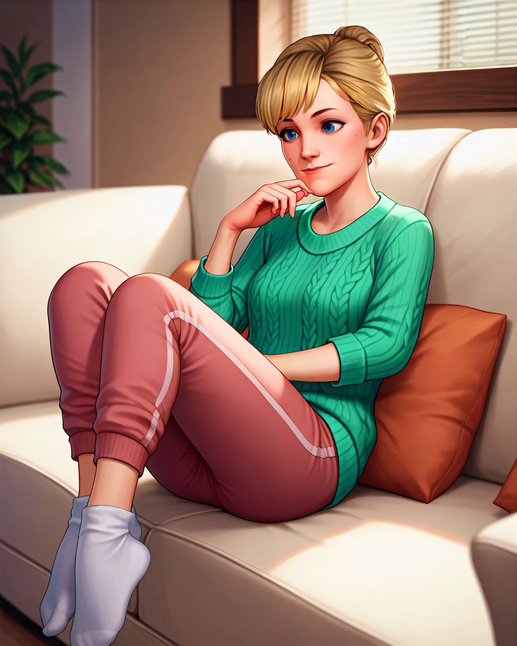 score_9, score_8_up, score_7_up, score_6_up, score_5_up, score_4_up, solo, <lora:joyceLIS_PDXL:1.0> joyceLIS, blonde hair, blue eyes, happy, closed mouth, curled up on couch, relaxing, cashmere sweater, sweatpants, socks,