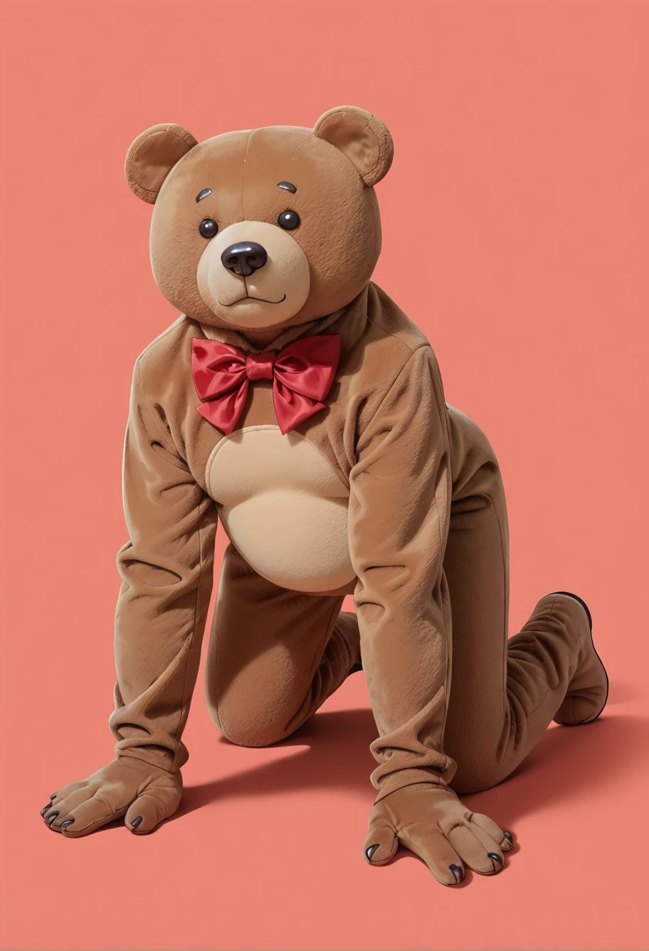 score_9,score_8_up,score_7_up,8k,hd,red background,full body,all fours,,ruanyi0606,bear costume,red bowtie,teddy bear,<lora:0606 Stellar Bladeï¼Plush Bearï¼_v1_pony:0.8>