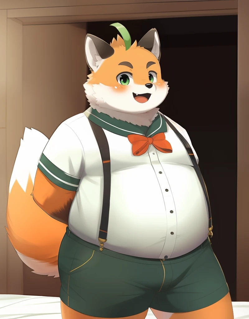 (((detailed eyes, detailed face))), (furry, iyo <lora:character_iyo_findigo_v1:0.9>, two-tone fur, ahoge, fox boy, snout, green eyes), male, (solo), (plump, fat, chubby, overweight), (white shirt, sailor collar, green shorts, suspenders), standing, (arms behind back), smile, (front view) BREAK (konzaburou, ukan_muri), bedroom, (flat shading, high brightness), 8k, UHD, masterpiece, (full body)