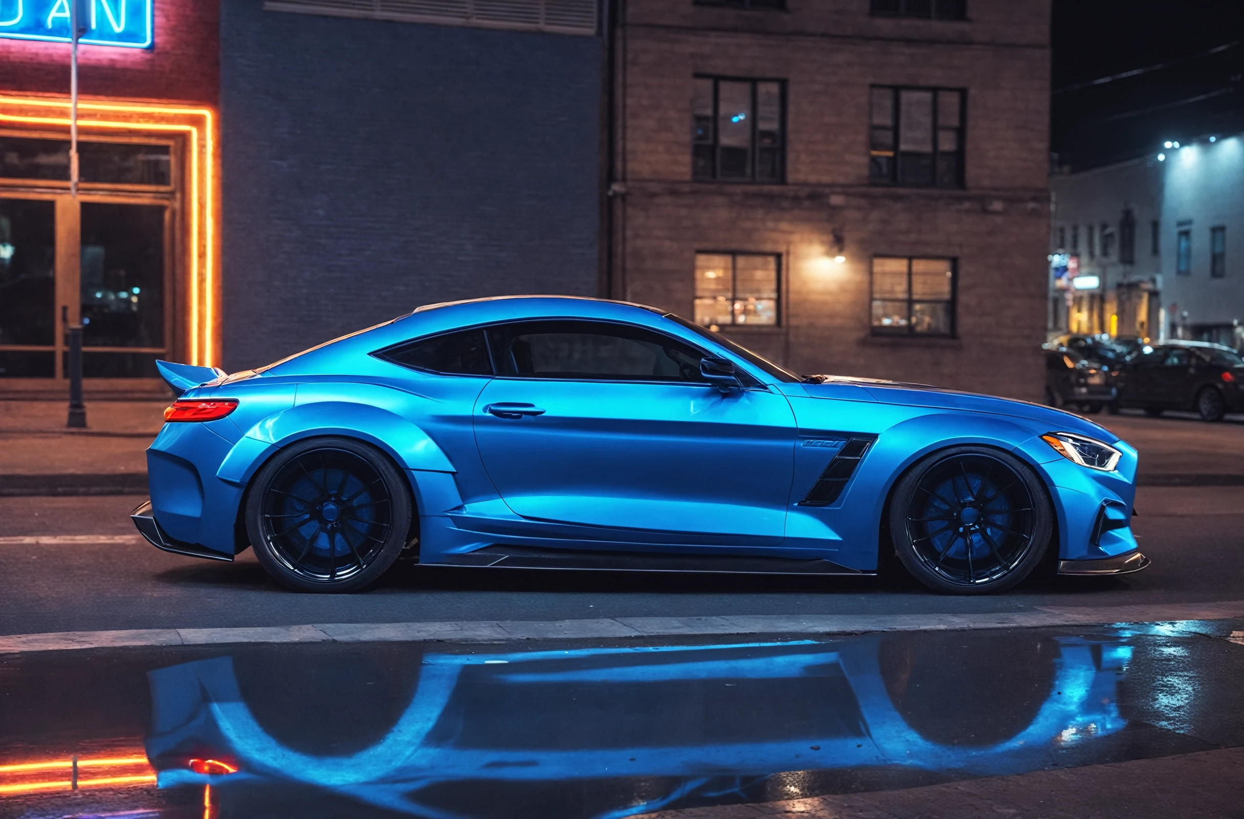 ((masterpiece,best quality)), ultra detailed, realistic, no humans, blue widebody sports car, light grey wheels, vehicle focus, outdoors, parking at the side of the city road in downtown, city lights, neon lights, reflection, night, from side, <lora:WBC-XL-v1-000006:0.9>