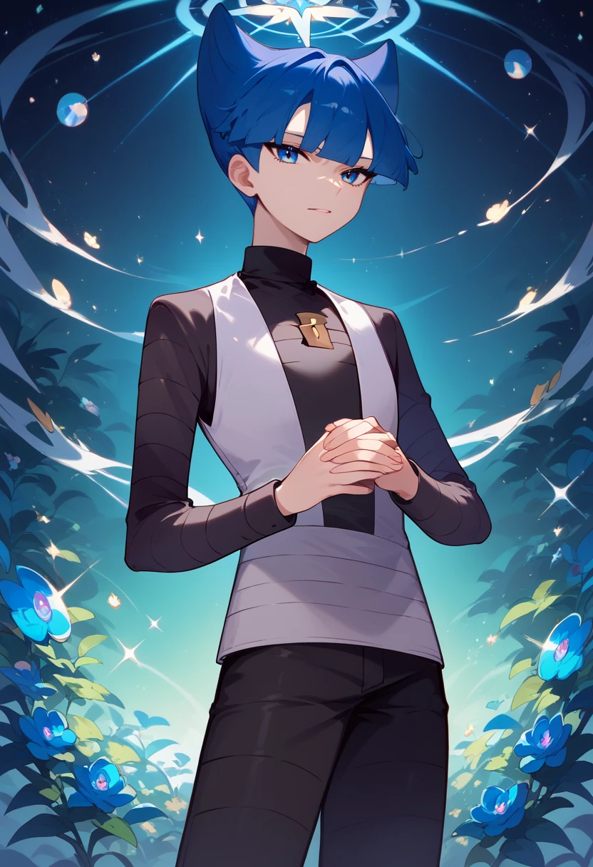 score_9, score_8_up, score_7_up, masterpiece, best quality, amazing quality, best aesthetic, ,absurdres,intricate details,saturn_pokemon, blue eyes, blue hair, black LONG SLEEVES  shirt, grey vest, black pants, grey shoes<lora:EMS-373804-EMS:0.800000>, <lora:EMS-382814-EMS:1.000000>