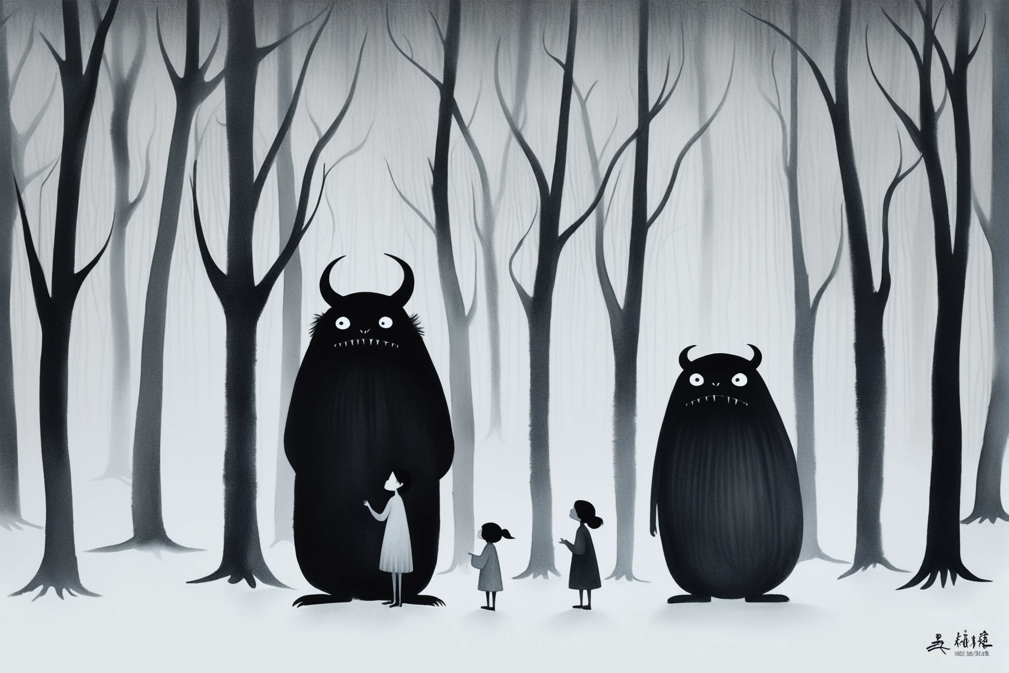 Inspired by Tim Burton's cartoon "Christmas Night Cry>,the picture shows a group of monsters surrounding a ****** girl in the forest. The overall design adopts a minimalist style,with smooth lines,soft colors,and a fairy-tale atmosphere. The image of the ****** girl and the monster has the unique rhythm and style in Tim Burton's works,creating a weird and charming visual effect. The picture adopts the style of traditional ink painting,The lines are smooth and concise,black and white tones create a quiet and profound atmosphere,the overall picture is full of Zen and poetry,