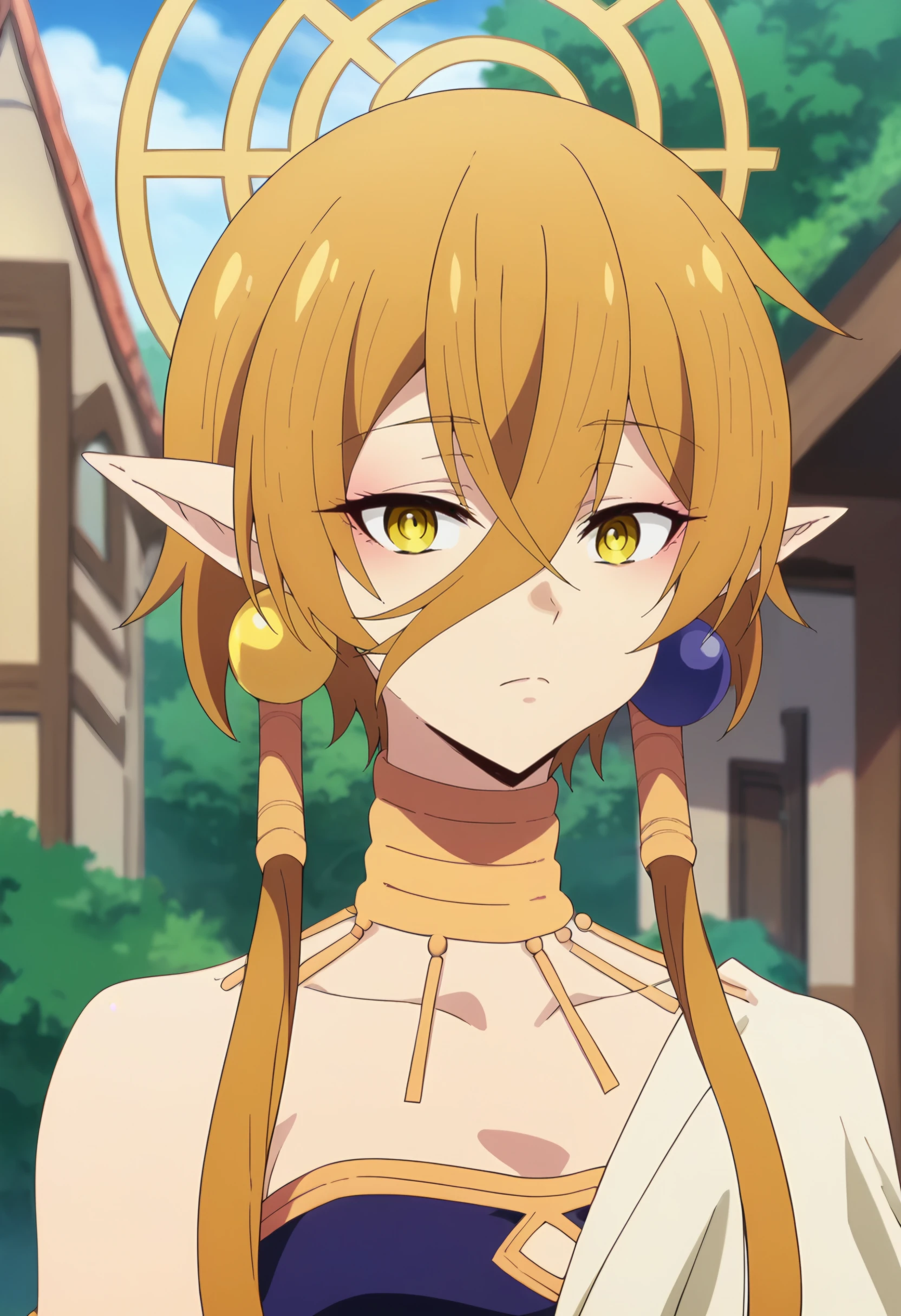 <lora:Hiya1024:1>hiya, pointy ears, 1girl, earrings, jewelry, blonde hair, solo, hair between eyes, short hair, halo, yellow eyes , upper body, looking at viewer, score_9, score_8_up, score_7_up, , anime coloring ,BREAK source_anime, anime