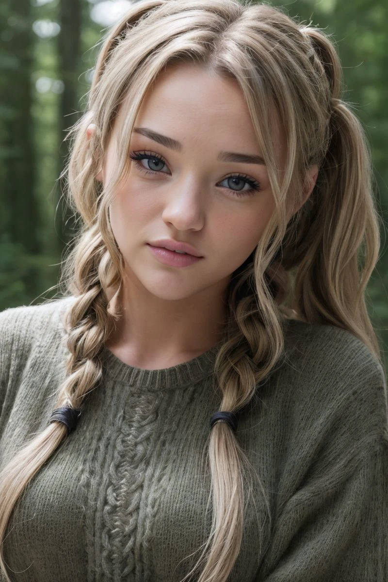 closeup headshot of S426_HunterKing,a beautiful woman,in a (forest:1.1),wearing a (sweater:1.1),(pigtails),(4k, RAW photo, best quality, 50mm, depth of field, ultra high res:1.1),(intricate, photorealistic, cinematic-shot, masterpiece, ultra-detailed:1.1),