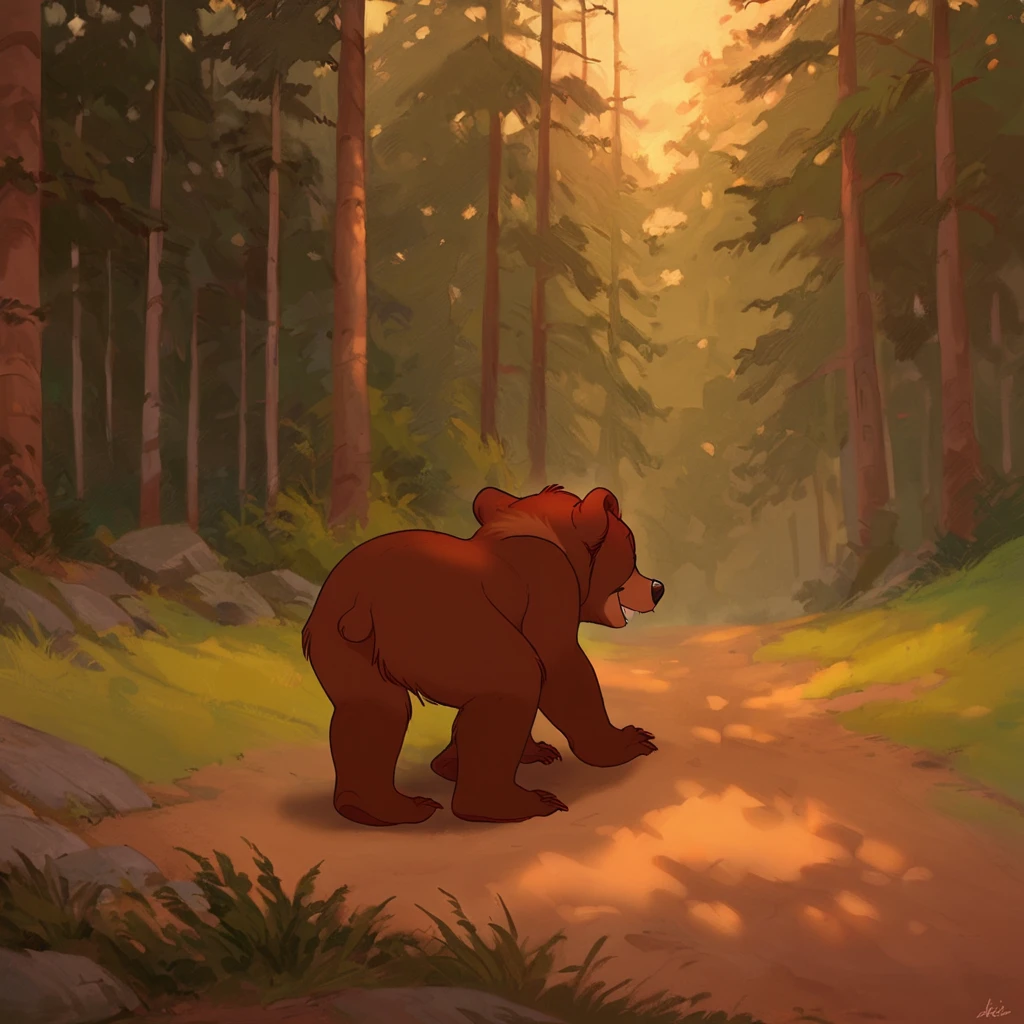 score_9, score_8_up, score_7_up, source_furry, koda, brother bear, bear wearing jeans walking in a forest, looking sexy, view from behind, (detailed image, high resolution, 5k resolution:1.0), (anime art style:1.2), <lora:Koda1:1>