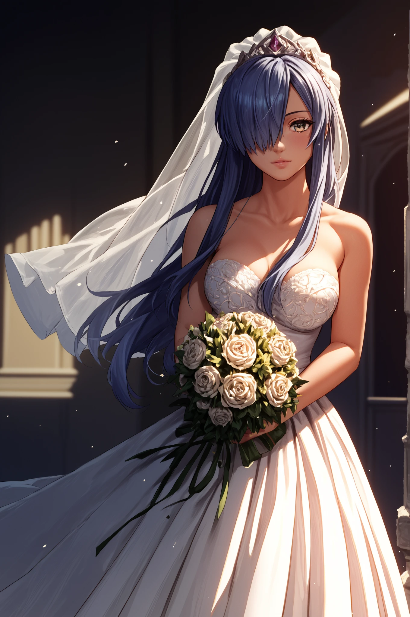 score_9, score_8_up, score_7_up, score_6_up, score_5_up, score_4_up, <lora:Fatima_epoch_8:0.99> fatima_\(luminous_arc\), long_hair, hair_over_one_eye, 
wedding_dress, bouquet, , (high quality, detailed, beautiful)