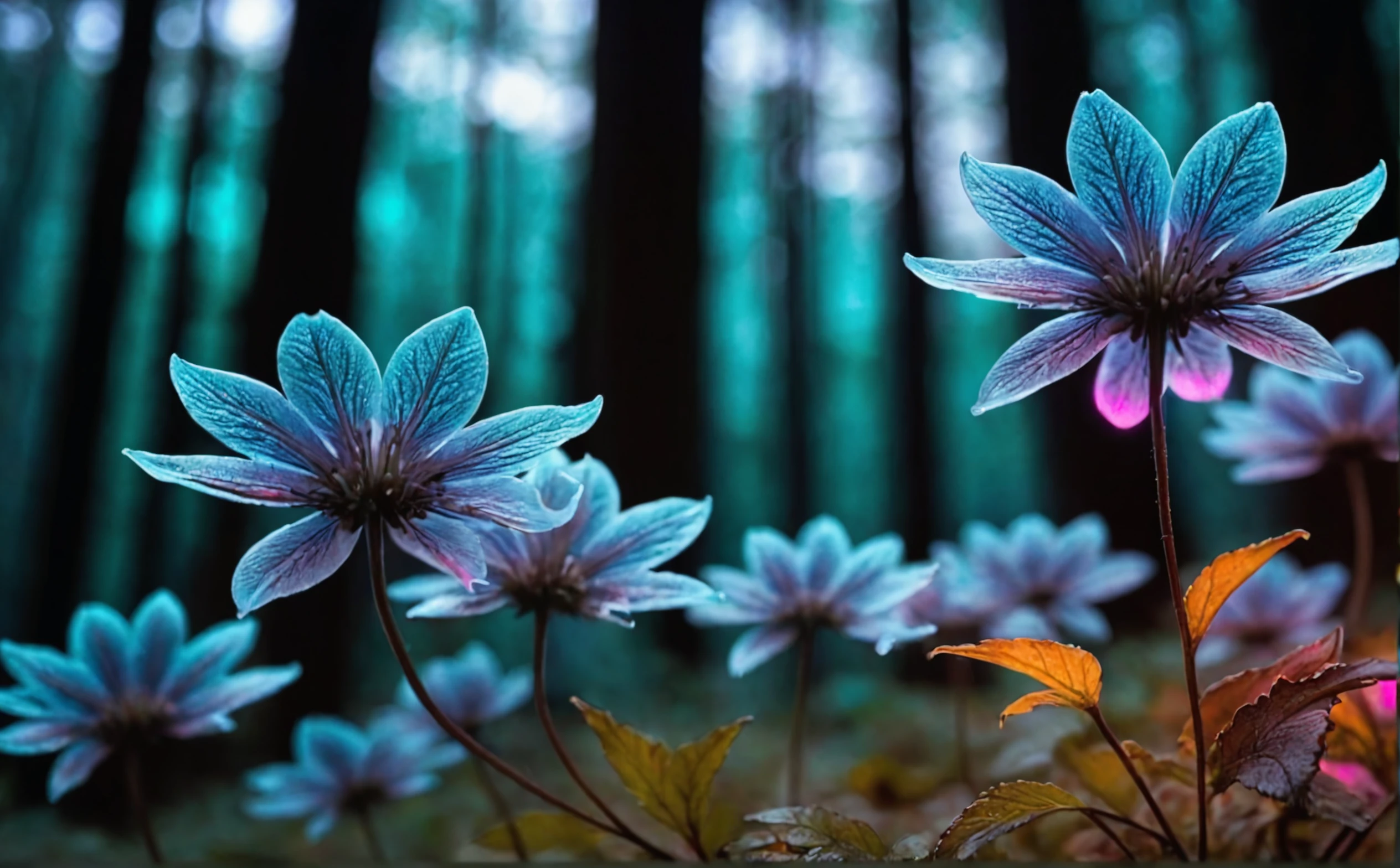 (macro photo), a flowers with a ethereal complex colors,(a mesmerizing bioluminescent forest), colorful