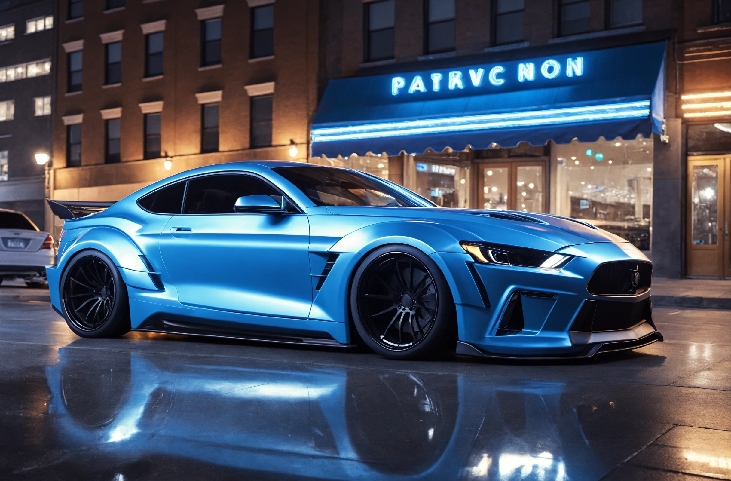 ((masterpiece,best quality)), ultra detailed, realistic, no humans, blue widebody sports car, light grey wheels, vehicle focus, outdoors, parking at the side of the city road in downtown, city lights, neon lights, reflection, night, from side, <lora:WBC-XL-v1-000006:0.9>