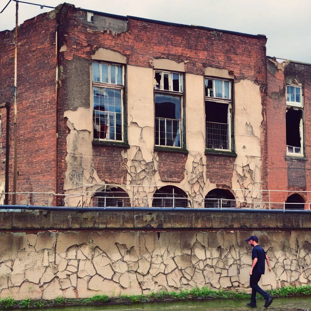 1boy, man, baseball hat, walking away, long-shot ruins, building, window frame, cracked window, wall corner, upturned, abandoned, metal, industrial, fence, moody, cracked mud, urban, canalside