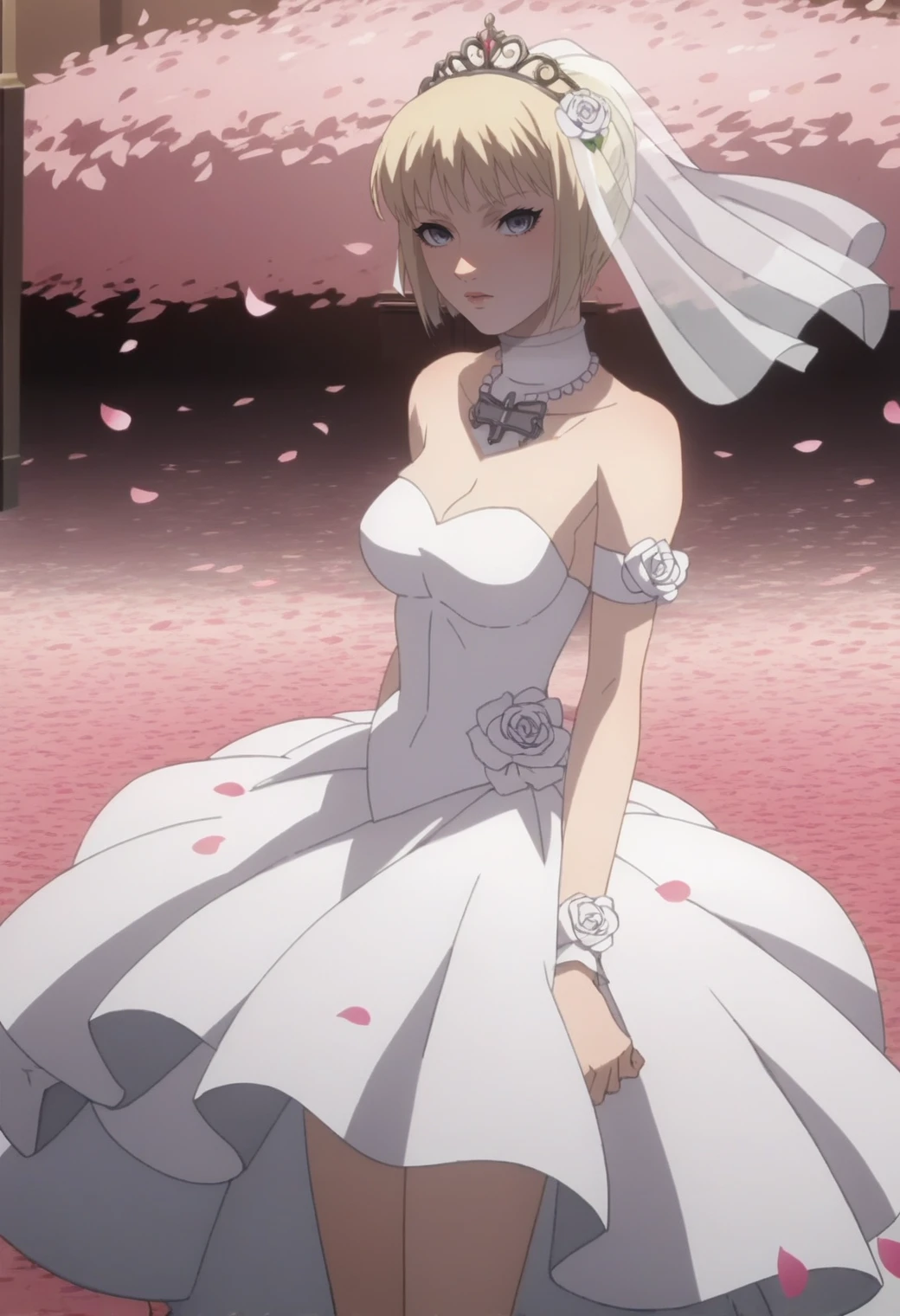 score_9, score_8_up, score_7_up, rating_explicite 1girl, solo, anime screencap, <lora:Clare-10:0.8> clare, grey eyes,, dynamic pose, wedding dress, petals, hill,