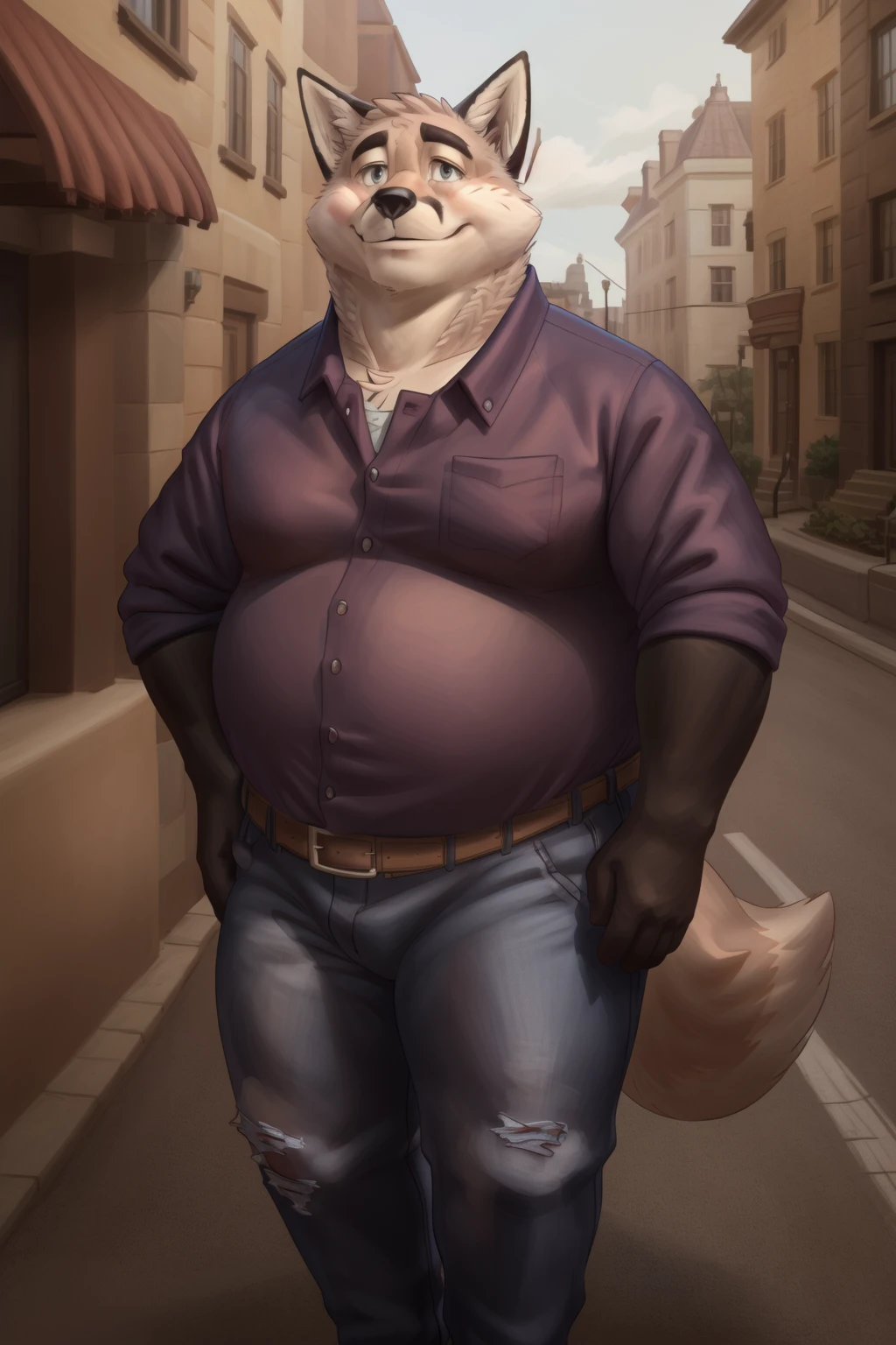<lora:eddy-09:1>, eddychopro, tail, chubby, overweight, fox tail, (pinup), (pose), (soft shading), 4k, hi res, ((detailed face, detailed eyes)), by zackarry911, by zaush, (by personalami:0.5), looking at viewer, smile, blush, shirt, belt, jeans, street,
