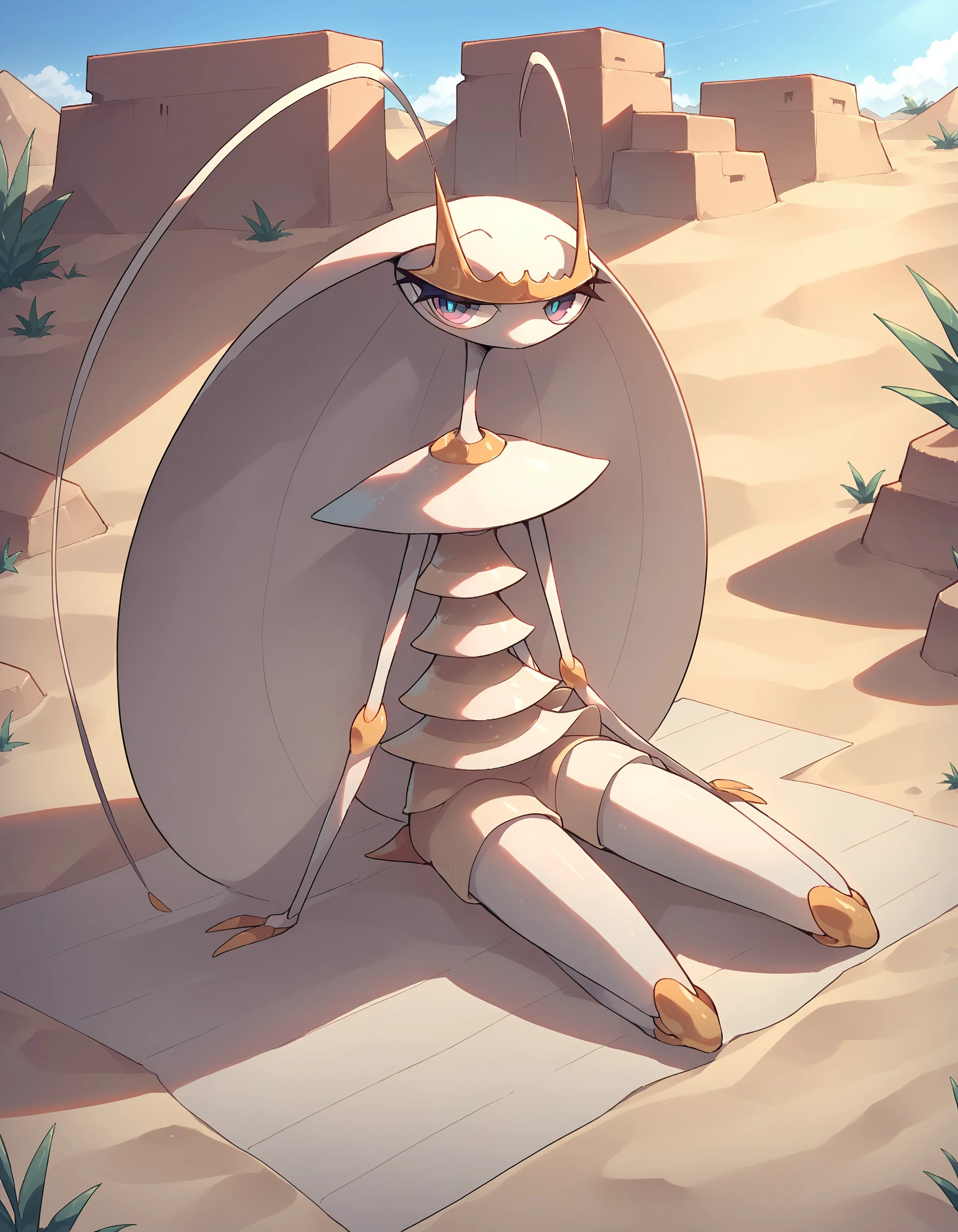 score_9, score_8_up, score_7_up, PheroXL, pokemon \(creature\), desert, sunny, (solo), full body, looking at viewer, insect, arthropod, sitting on sand