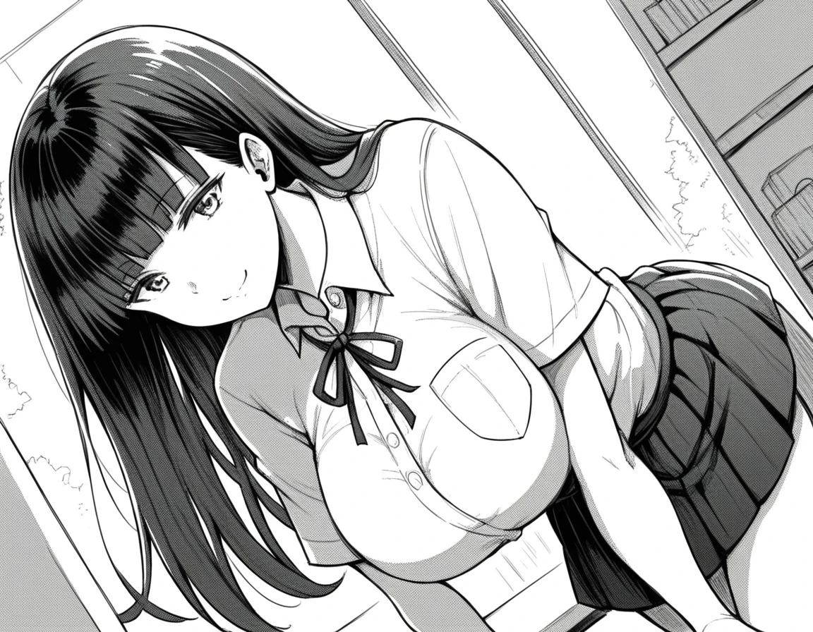 score_9, score_8_up, score_7_up, source_anime,
aksichika, <lora:aks-ichika-manga-ponyxl-lora-nochekaiser:1>,
ichika, long hair, bangs, large breasts, monochrome, greyscale, blunt bangs,
skirt, shirt, ribbon, school uniform, pleated skirt, collared shirt, dress shirt, neck ribbon, shirt tucked in, breast pocket,
indoors, classroom, bent over, smile,
cowboy shot, looking at viewer, solo, dutch angle,