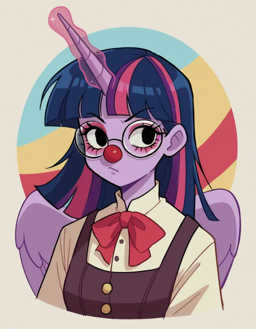 zPDXL, score_9, score_8_up, score_7_up, source_anime, 8k, absurdres, 1990s \(style\), retro artstyle, anime coloring, 
1girl, solo, <lora:StickySweet_v2:0.8> stkyswt, twilight sparkle, unicorn horn, pegasus wings, colored skin, purple skin, black eyes, clown, red plastic nose, white face paint, wearing a blue  clown vest with big buttons,polka-dot skirt,colorful sneakers, black frizzy hair, oversized glasses,magic wand, colorful eyeshadow, upper body, portrait, personification, human