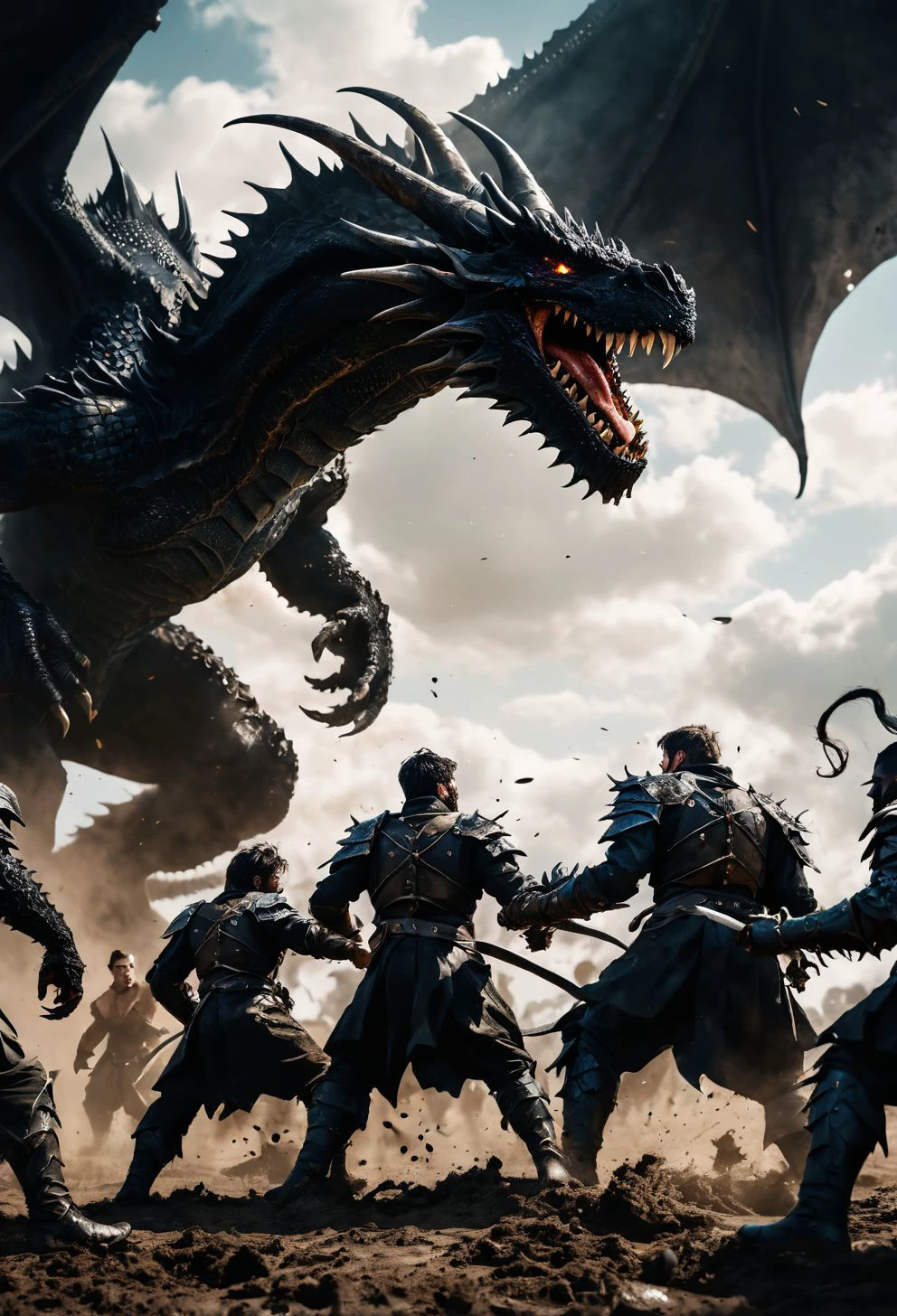 black dragon fighting with four man, portrait, dof, hyper-realism, majestic, (four heroes, 1Fighter 1druid 1ranger and 1wizard:1.0), awesome vista, inspiring, Capture the thrilling showdown between the four heroes and the colossal dragon boss , the heroes on a mudy field look up as humongous black dragon swoops out of the sky towards them, cinematic still, dramatic composition, realistic shadows,