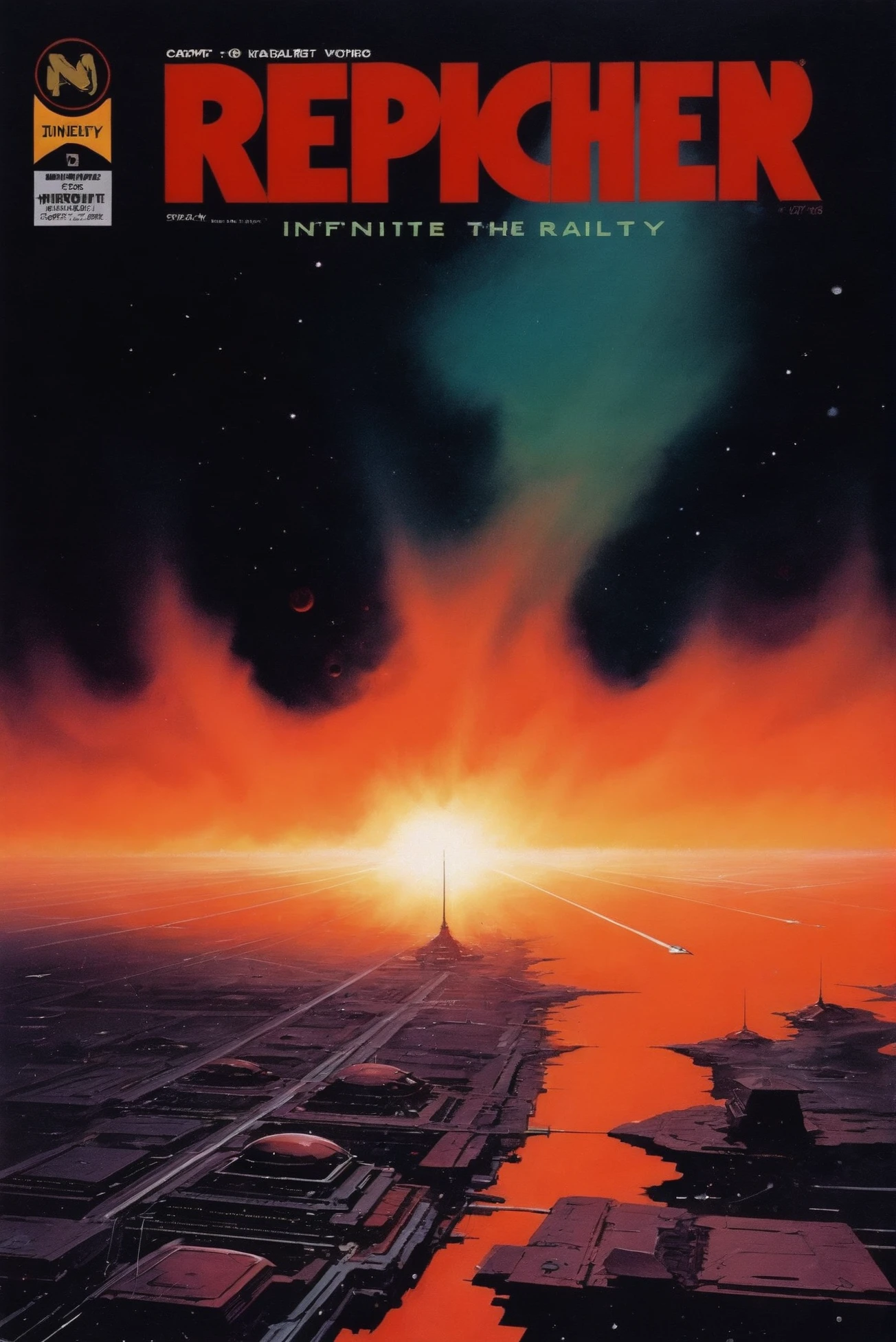 retro 1970s comic book cover, rough brush strokes, infinite,great fantasy metropolis outside of reality<lora:EnvyStarlightDarkRetro01:1.25>