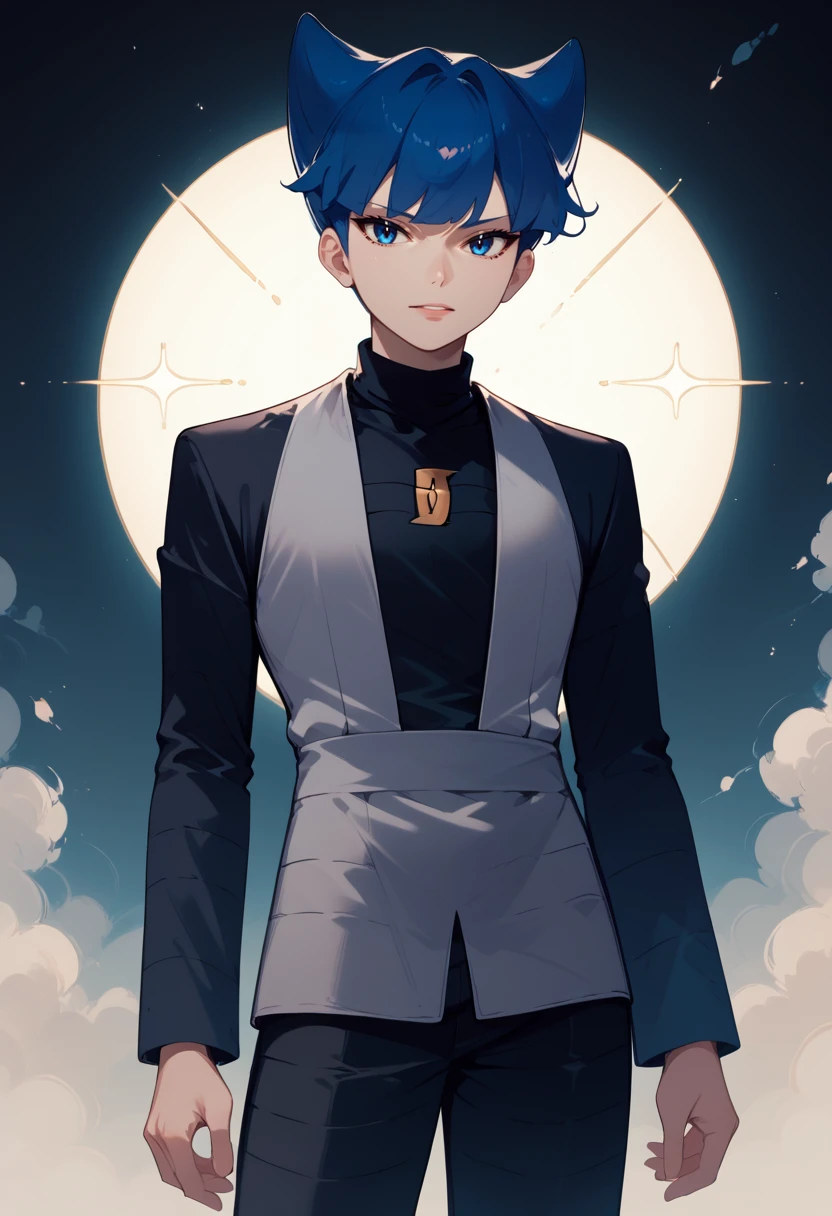 score_9, score_8_up, score_7_up, masterpiece, best quality, amazing quality, best aesthetic, ,absurdres,intricate details,saturn_pokemon, blue eyes, blue hair, black LONG SLEEVES  shirt, grey vest, black pants, grey shoes,score_6_up<lora:EMS-373804-EMS:0.800000>, <lora:EMS-382814-EMS:1.000000>