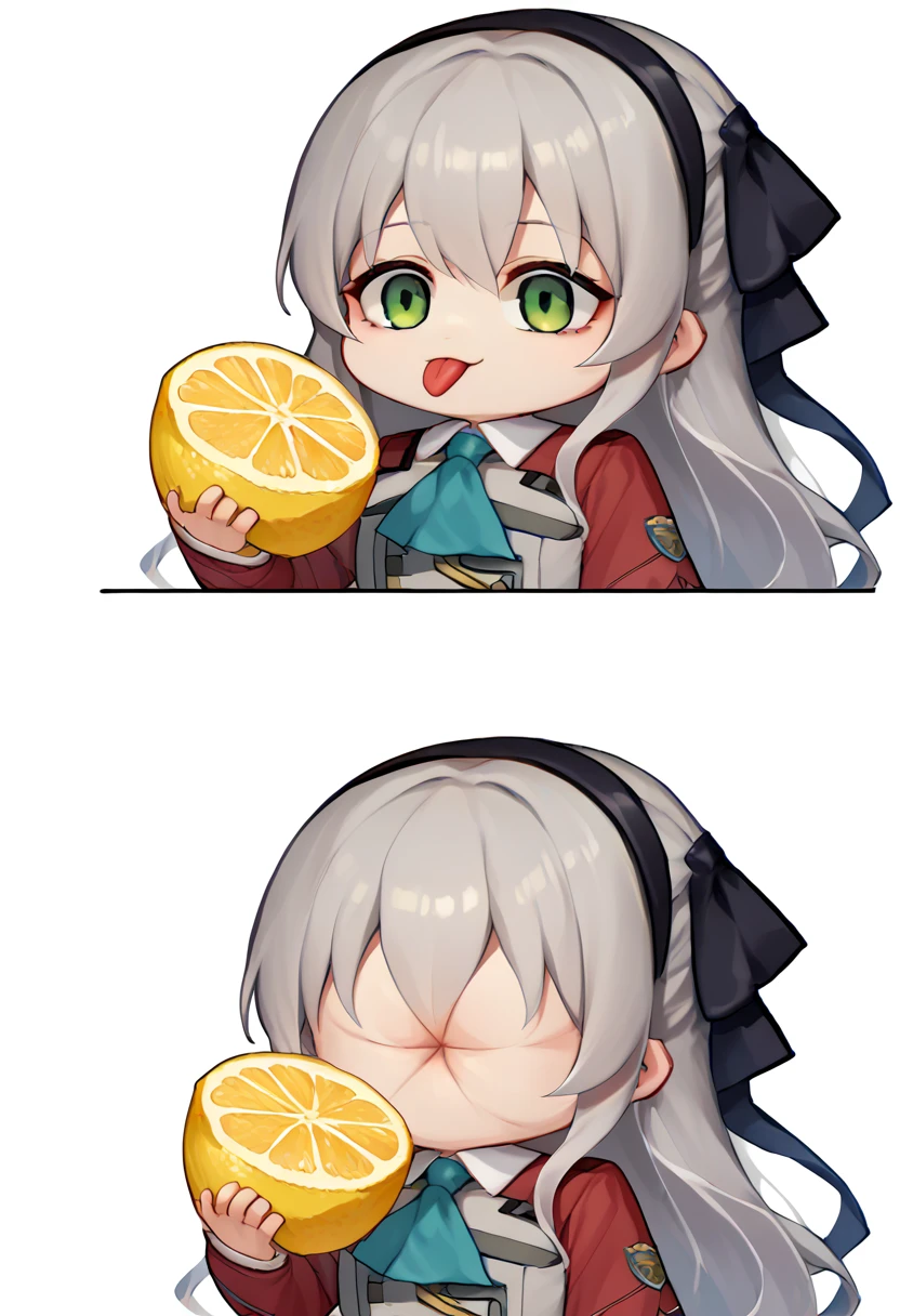 score_9, score_8_up, score_7_up, source_anime, simple background, white background, 2koma, multiple views, chibi, solo, 1girl, zeroElie, tongue out, holding fruit, lemon slice, grey hair, black hairband, hair ribbon, long hair, ascot, uniform, long red sleeves <lora:meme_thour_ponyXL:1.4> <lora:elie-pdxl-nvwls-v1:0.85>