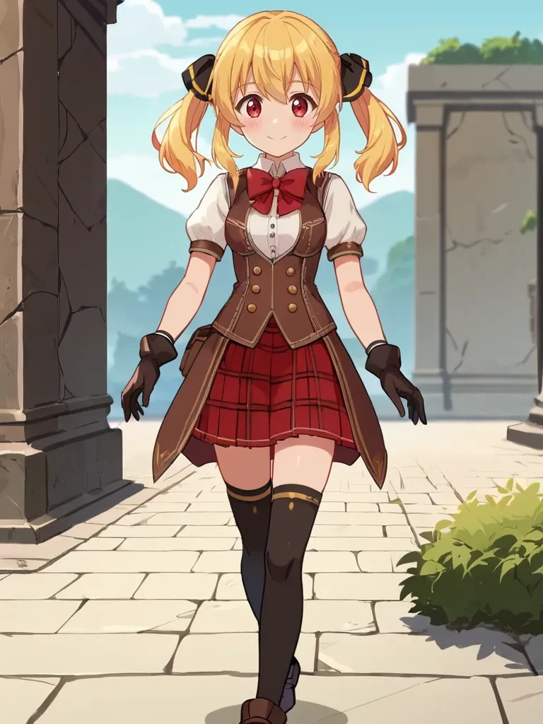 score_9, score_8_up, score_7_up, source_anime, 2D, anime_screencap, <lora:lorenalandpony:1>,
1girl, solo, lalalofr, blonde hair, twintails, hair ribbon, red eyes, white shirt, short sleeves, brown vest, black gloves, red bowtie, red plaid skirt, thighhighs, outdoors, old ruins, smile, walking,