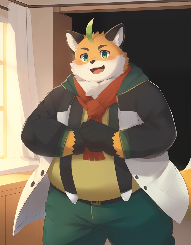 (((detailed eyes, detailed face))), (furry, iyo <lora:character_iyo_findigo_v1:0.9>, two-tone fur, ahoge, fox boy, snout, green eyes), male, (solo), (plump, fat, chubby, overweight), (white coat, green pants), standing, (arms behind back), smile, (front view) BREAK (konzaburou, ukan_muri), bedroom, (flat shading, high brightness), 8k, UHD, masterpiece, (full body)