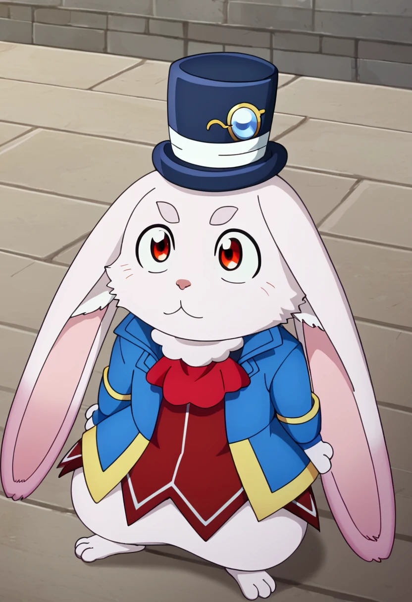 score_9, , <lora:Emul:1> emul, :3, animal ears, ascot, emul, furry, furry male, hat, male focus, parody, rabbit, red eyes, solo, top hat