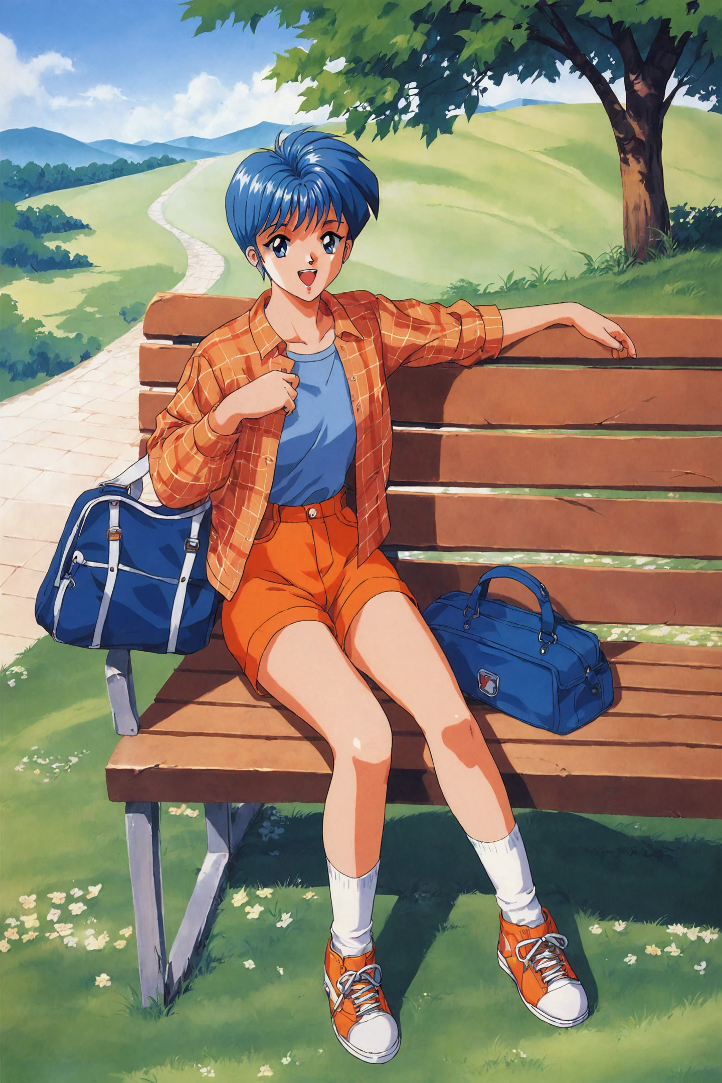 score_9,score_8_up,score_7_up,masterpiece,best quality,
1girl,solo,sitting,retro artstyle,blue hair,outdoors,shorts,blue eyes,open mouth,shoes,short hair,sneakers,bag,smile,shirt,open clothes,bench,plaid shirt,1990s (style),holding,full body,day,long sleeves,jacket,socks,looking at viewer,orange shorts,
<lora:Tokimeki Memorial_XL_PONY:0.8>,