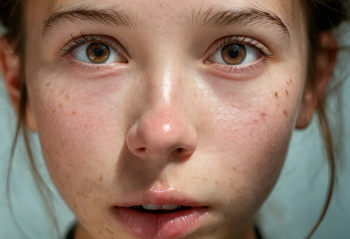 (RAW high-end (telephoto lens) photography by Martin Deschambault, Hassleblad camera), beautiful light, color corrected, symmetrical composition. girl's gorgeous ((wide slightly apart)) lips close-up, (natural human skin with visible pores and minor blemishes, very detailed, cluttered skin:1.5)