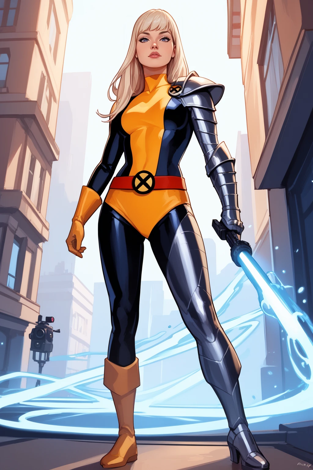 score_9, score_8_up, score_7_up, masterpiece, high quality
<lora:Magik ClassicPonyLoRA:1> mgik, long hair, bangs, single gauntlet, bodysuit, single glove, shoulder armor, belt, asymmetrical legwear, standing in a city, casting a portal