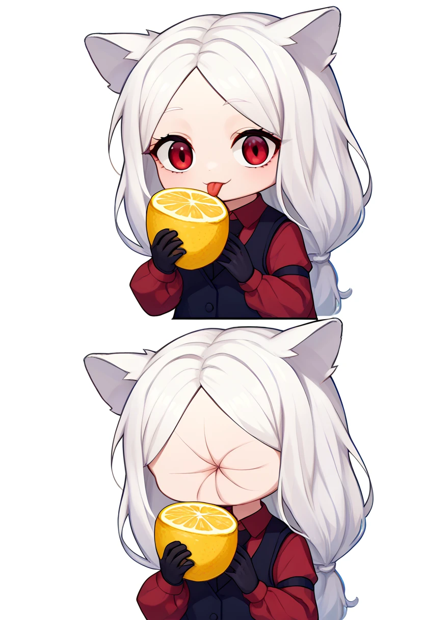 score_9, score_8_up, score_7_up, source_anime, simple background, white background, 2koma, multiple views, chibi, solo, 1girl, htcerberus, tongue out, holding fruit, lemon slice, white hair, low-tied long hair, animal ears, red shirt, long sleeves, arm garter, black gloves, black vest <lora:meme_thour_ponyXL:1.4> <lora:helltaker_cerberus_ponyXL:1>